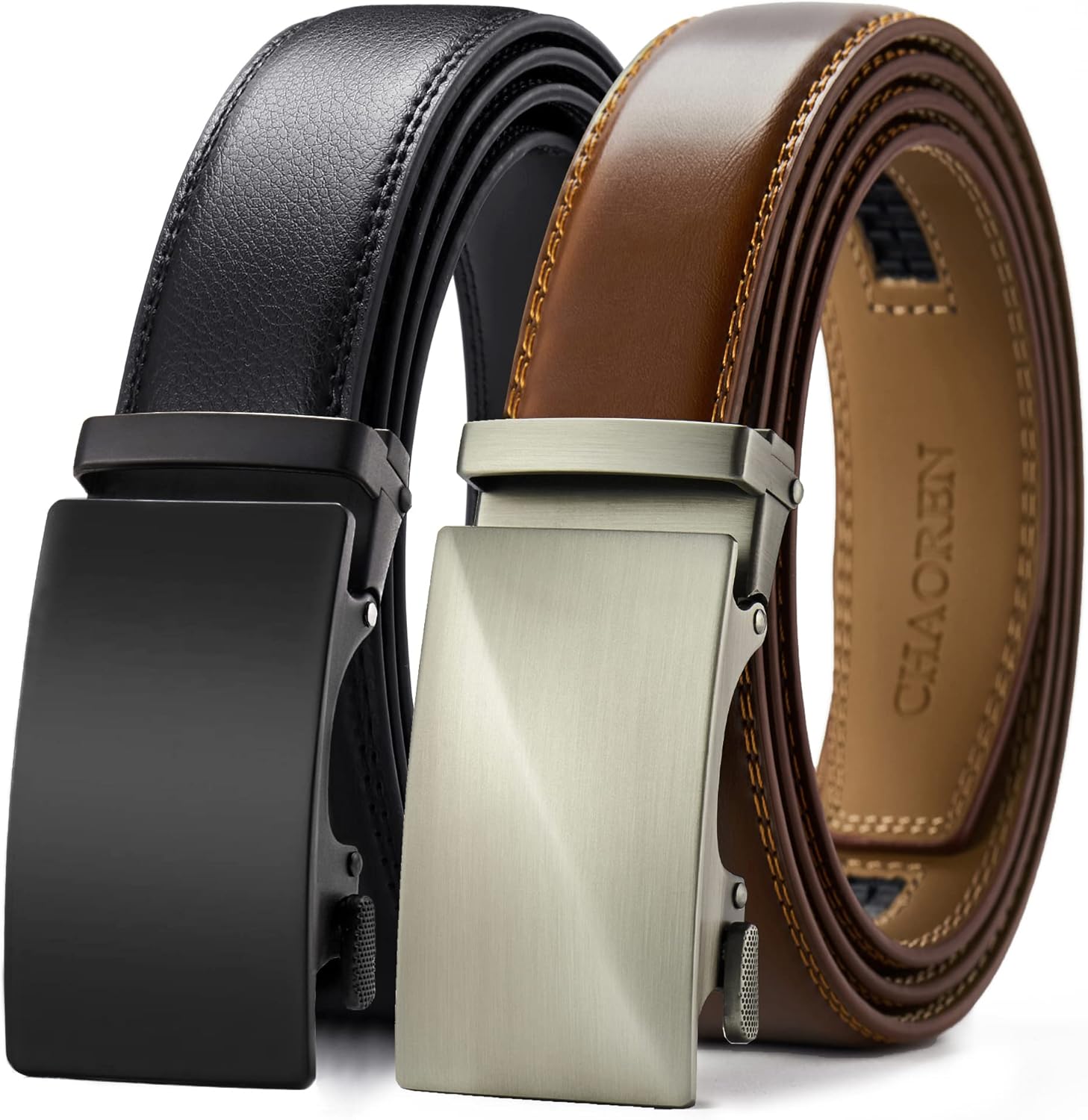 CHAOREN Leather Belts for Men 2 Pack - Ratchet Belt 1 3/8" in Gift Set Box - Mic...