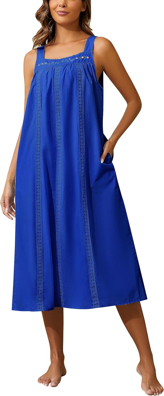 YOZLY Cotton Nightgowns for Women Embroidery Sleeveless Night Gown with Pockets...