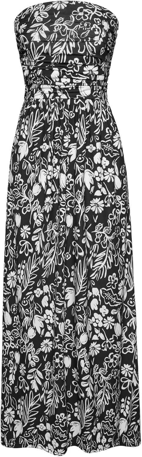 GRACE KARIN Women Strapless Casual Loose Ruched Long Maxi Dress with Pockets Whi...
