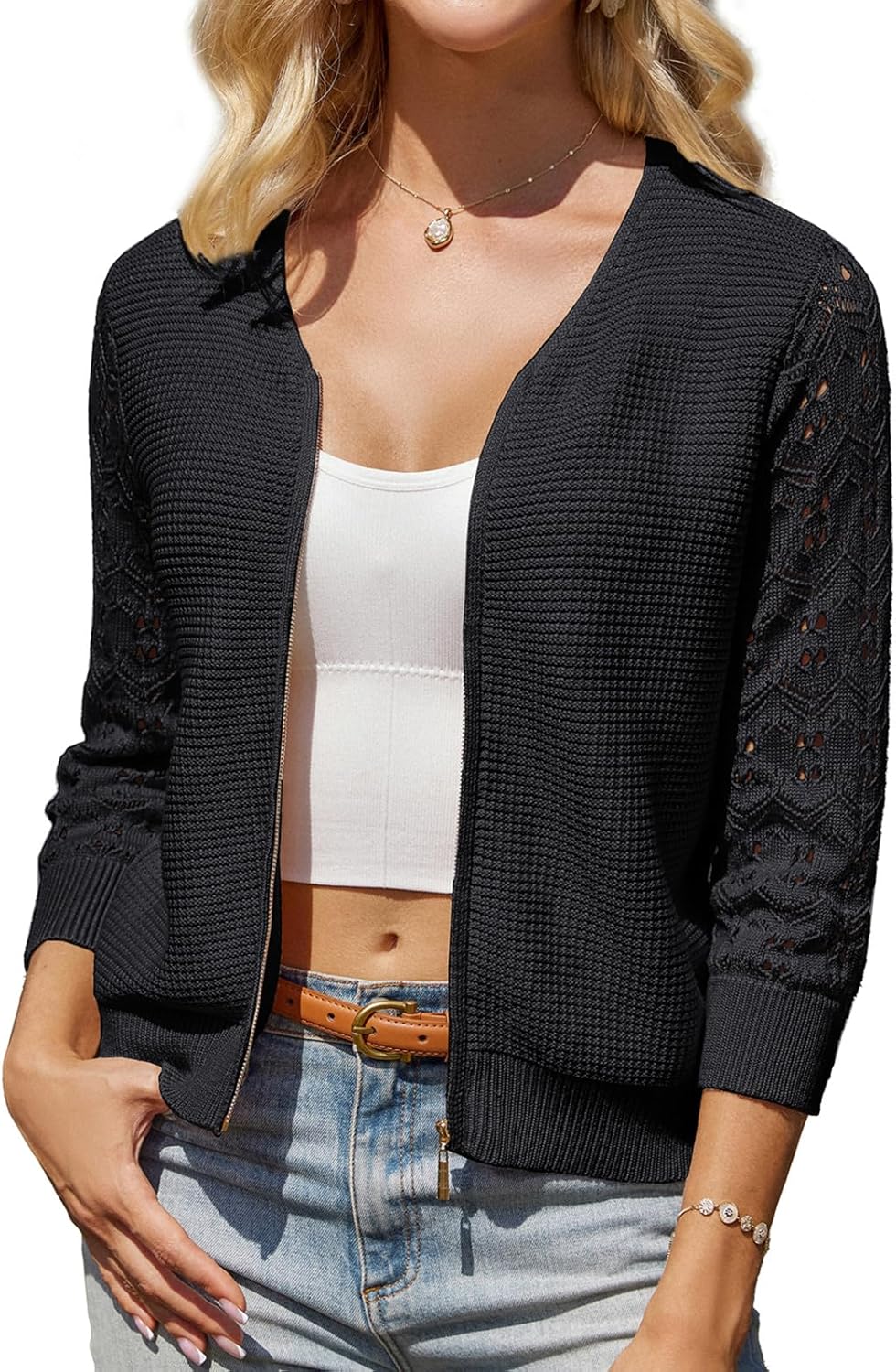 GRACE KARIN Womens Zip Up Cardigan Sweaters Lightweight Summer 3/4 Sleeve Cardig...