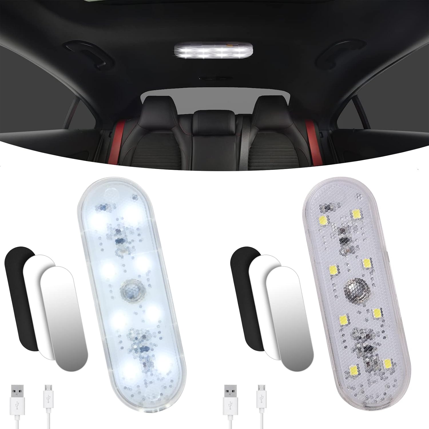 URAQT Car LED Interior Lights, 2 Pcs White Ambient Lighting Car Interior, Wirele...