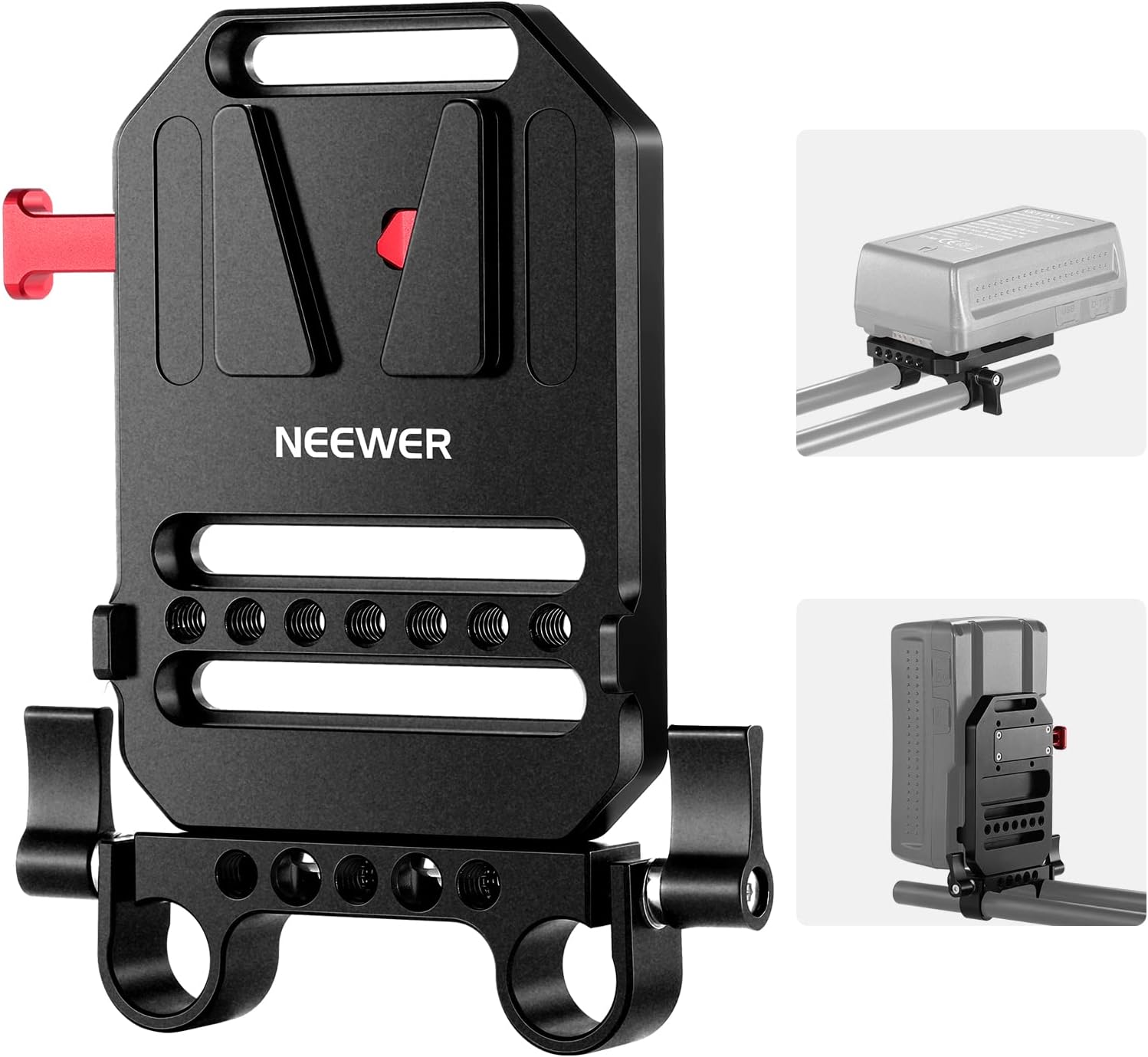 NEEWER V Mount Battery Plate with Dual 15mm Rod Clamps, 1/4" & 3/8" Threads, Met...
