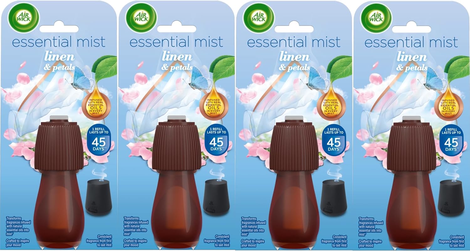 Air Wick Essential Mist Refills, Linen & Petals, Pack 4 x 20ml, Natural Essentia...