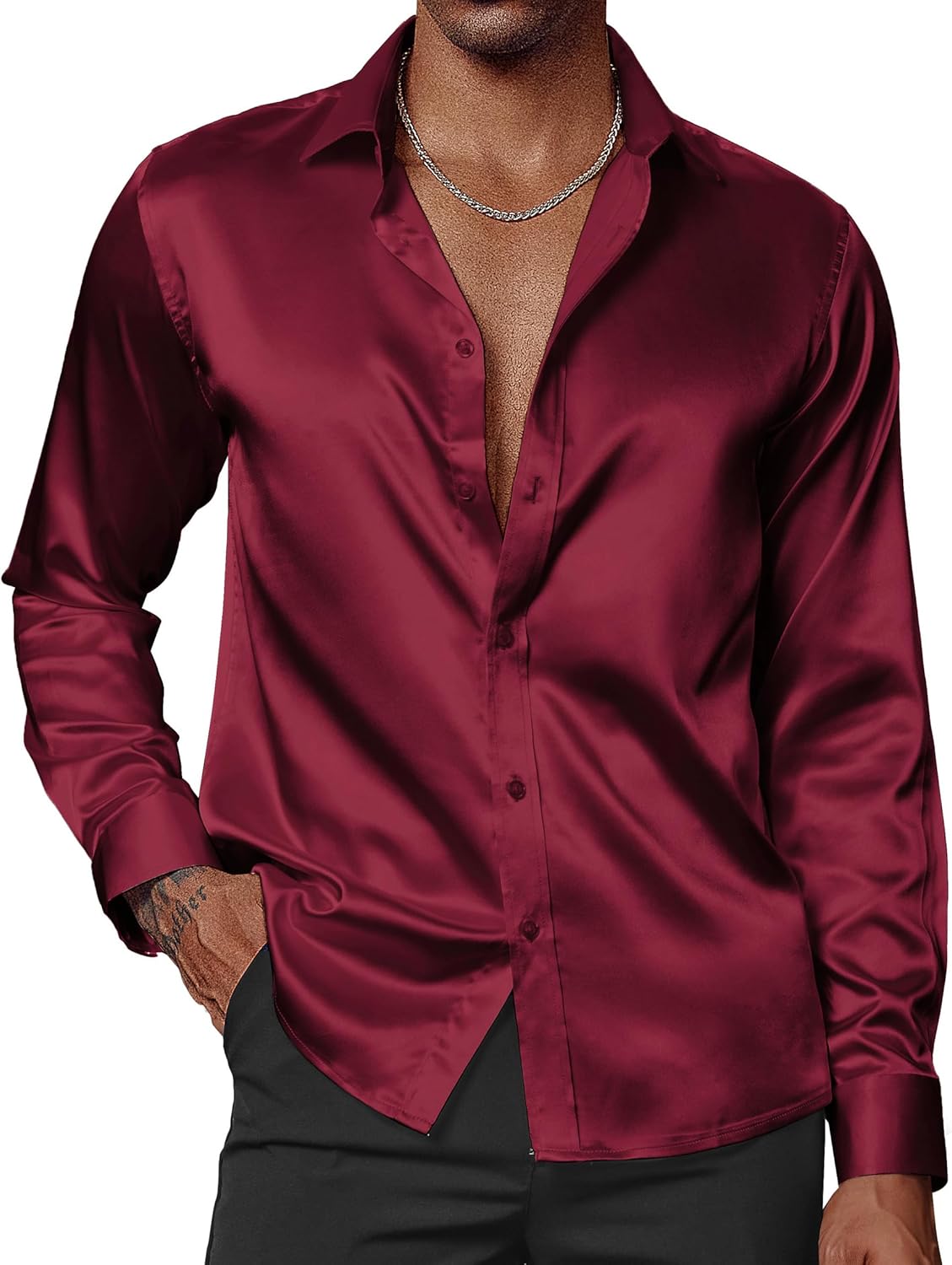 PJ PAUL JONES Men's Shiny Satin Dress Shirts Long Sleeve Button Down Silk Shirt...
