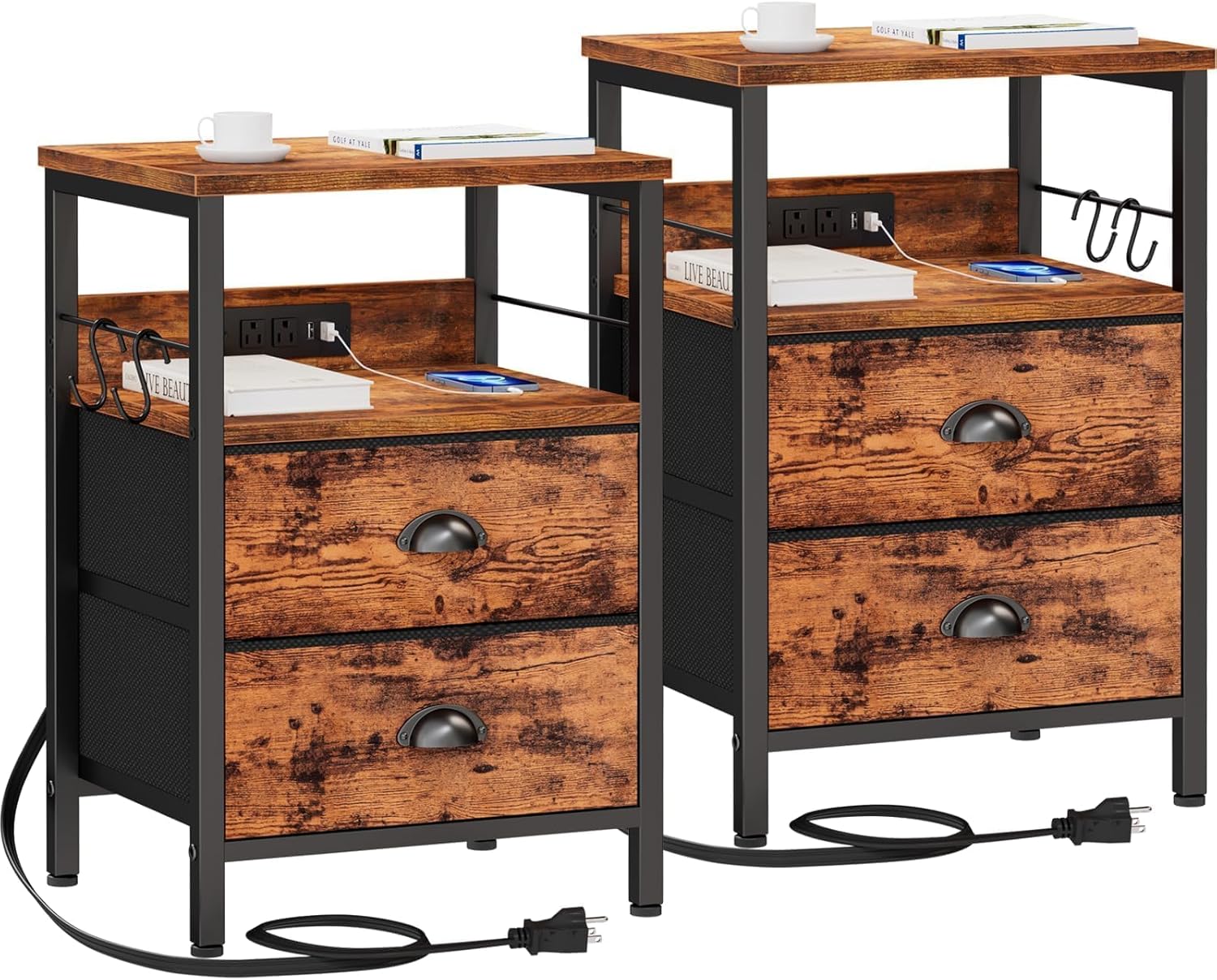Furologee Nightstand Set of 2, Rustic Brown, with Charging Station and USB Ports...