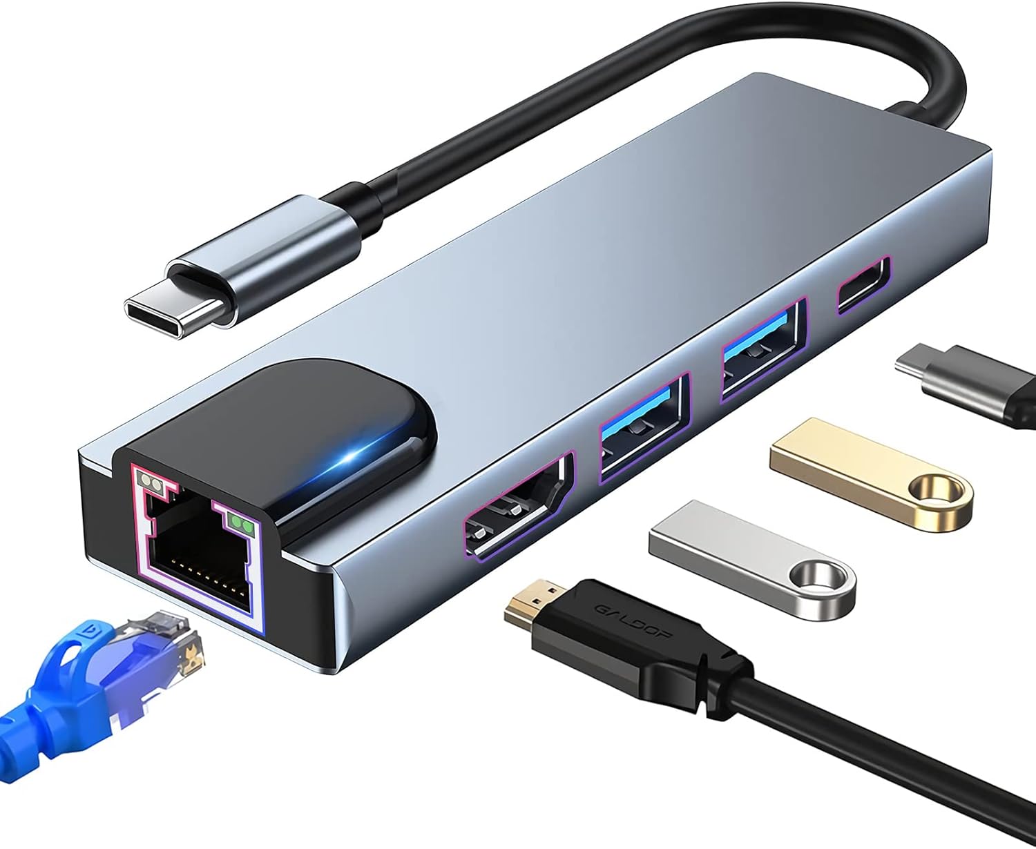 USB C Hub Multiport Adapter, 5 in 1 USB C Docking Station with 4K HDMI, RJ45 Eth...