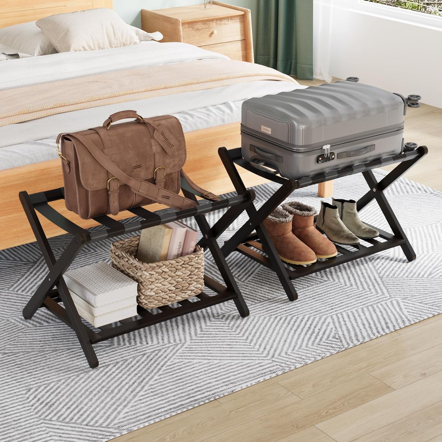 Smuxee Fully Assembled Black Luggage Racks Pack of 2, Upgraded Bamboo Foldable S...