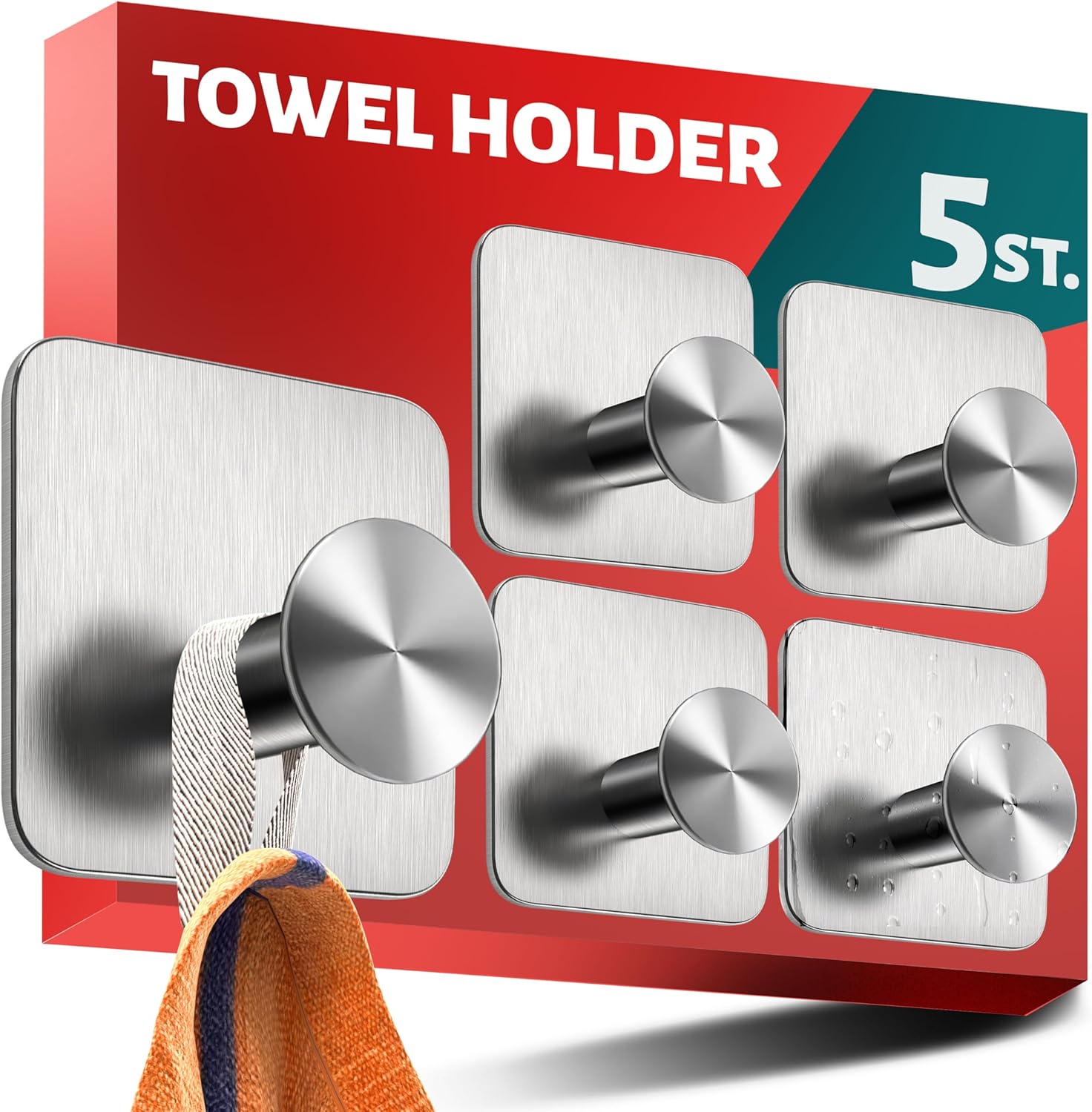 Menz 5 no-Drill self Adhesive Hooks – Stainless Steel Stick on Hooks for Heavy D...