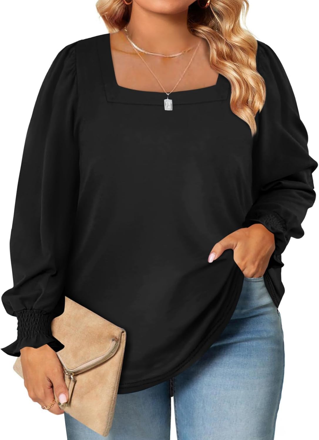 Eytino Plus Size Tops for Women Square Neck Puff Sleeve Summer Casual Loose Blou...