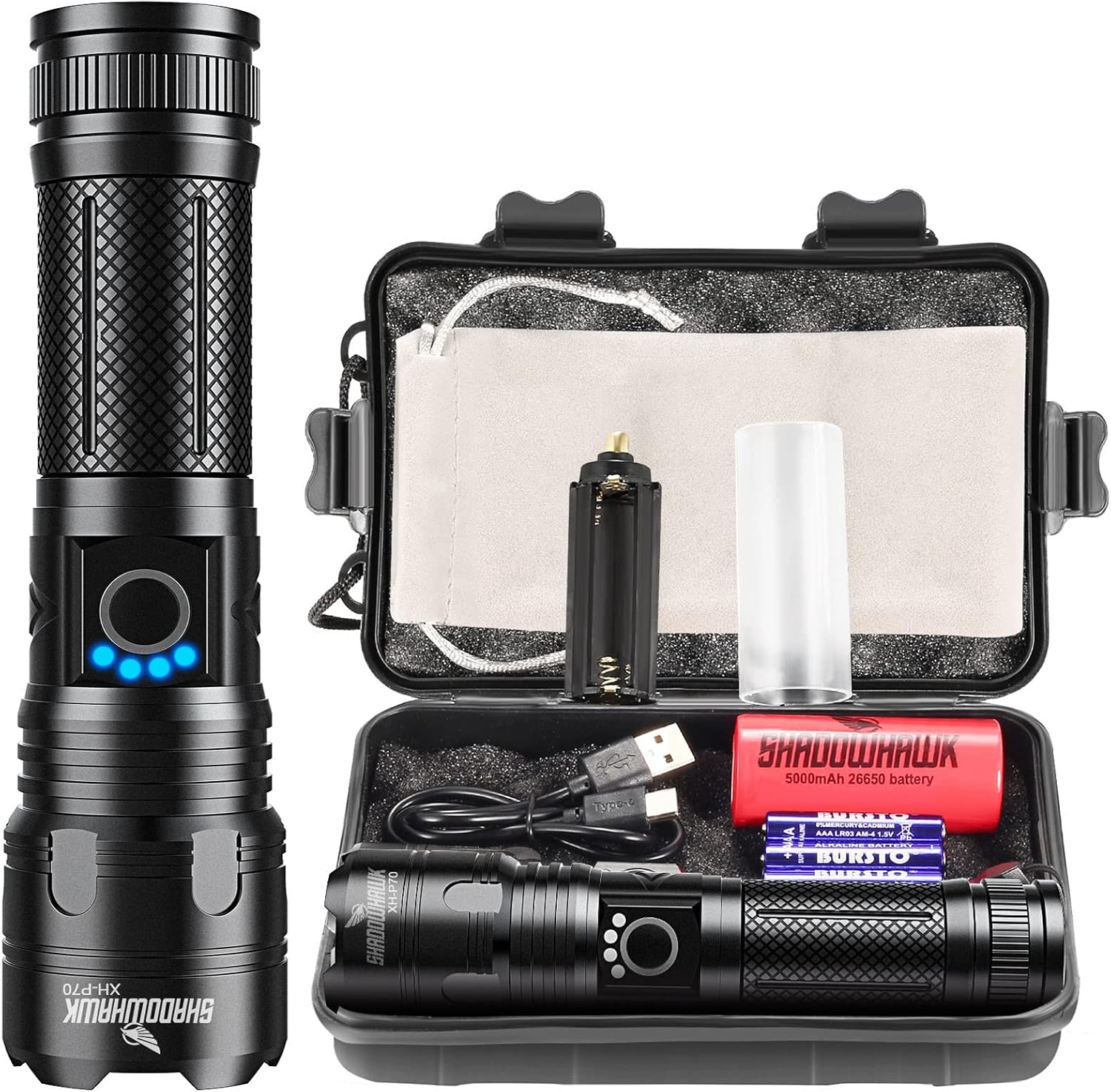 Shadowhawk Torches LED Super Bright, Rechargeable LED Torch P70 450000 Lumens Po...