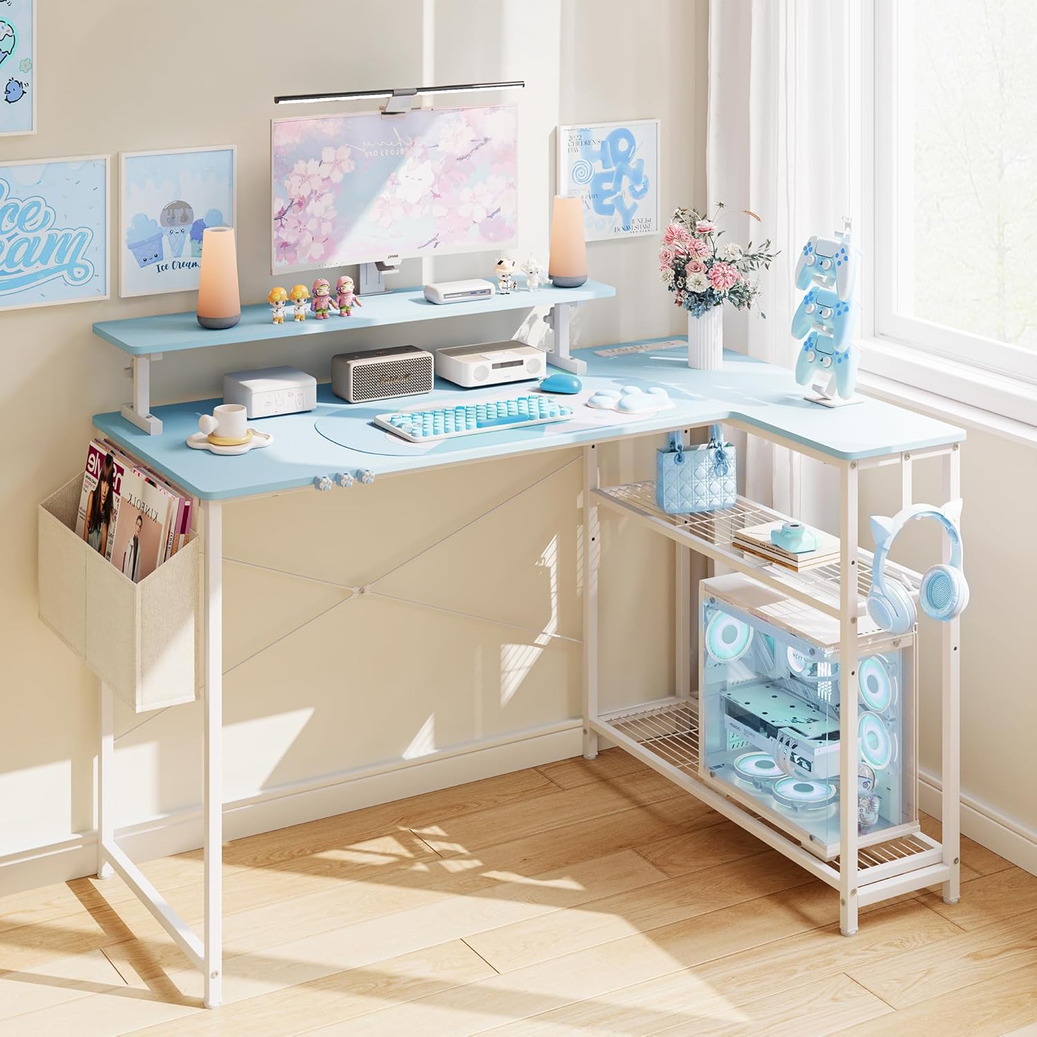 Dowinx L-Shaped Gaming Desk Cute with Cat Accessories, Built-in Power Outlet, Mo...