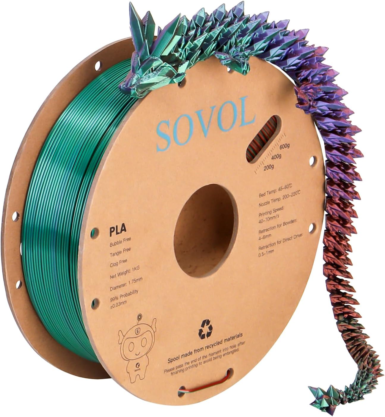 Sovol PLA Filament Silk Tri Color Co-Extrusion 1.75mm, 3D Printer Filament 1kg/...