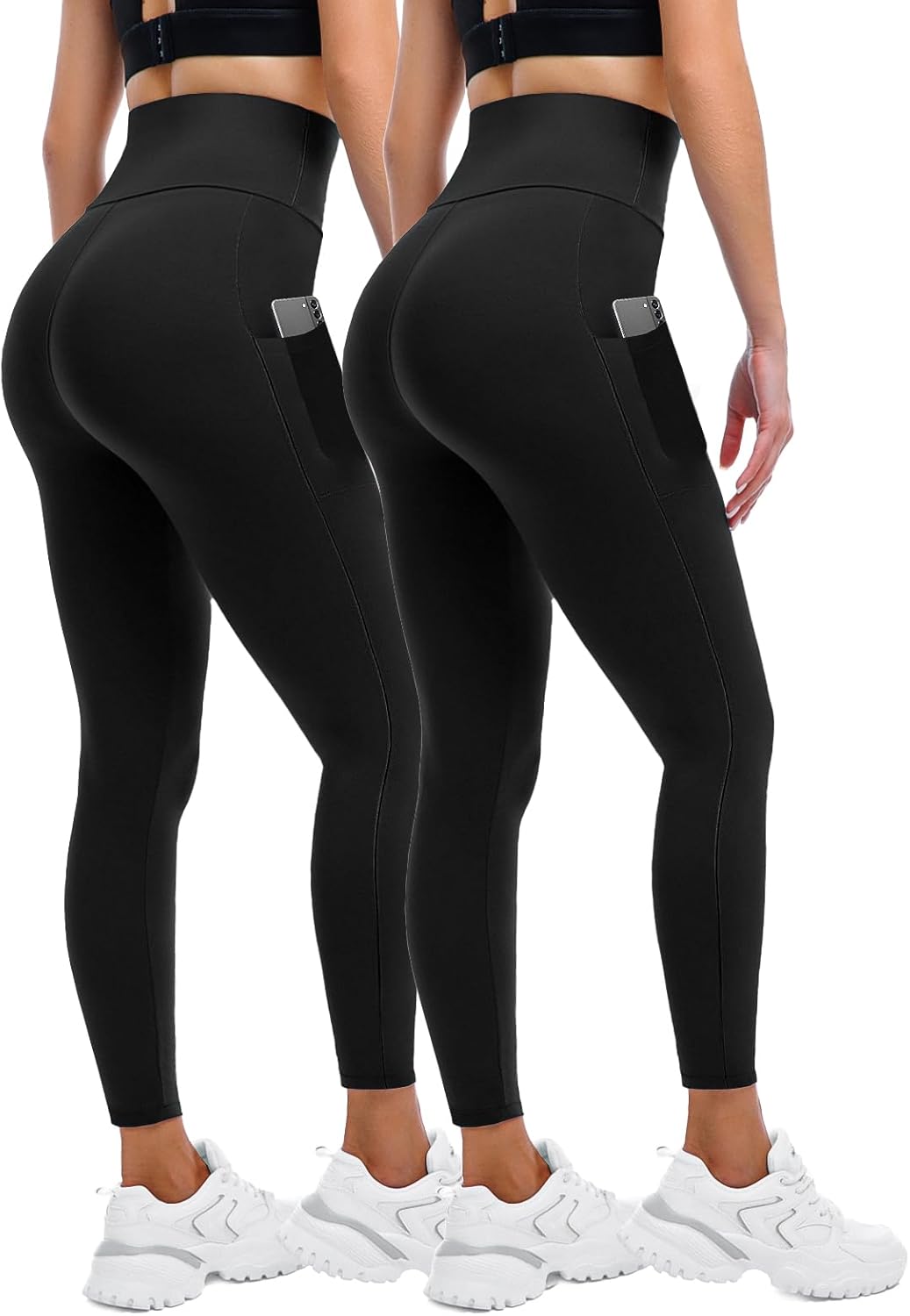 Sanpetix Leggings for Women UK with Pockets, 2 Pack Gym High Waisted Leggings fo...