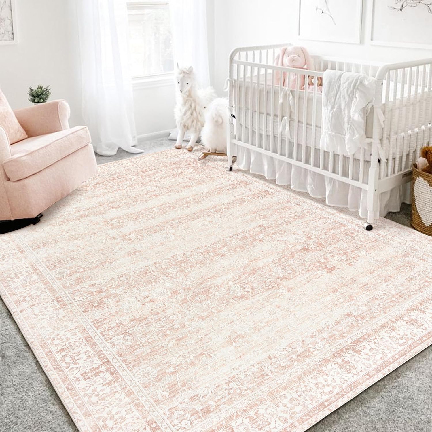 Nursery Rug for Baby Girl,Neutral Blush Pink Boho Cute Floral Foldable Machine W...