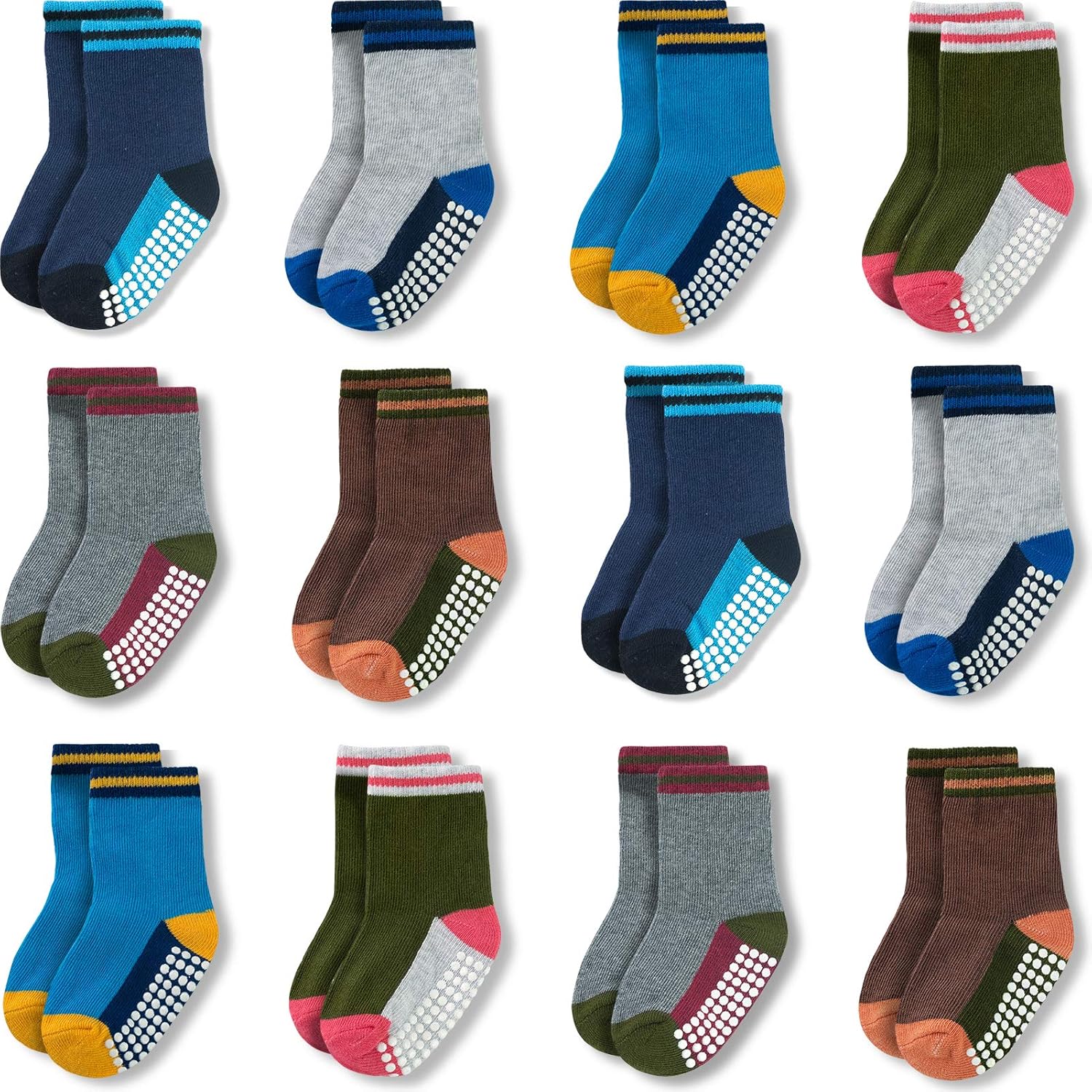 JAKIDAR 12 Pack Baby Socks Cotton Crew Toddler Socks Grips Non Slip Bottom Kids...