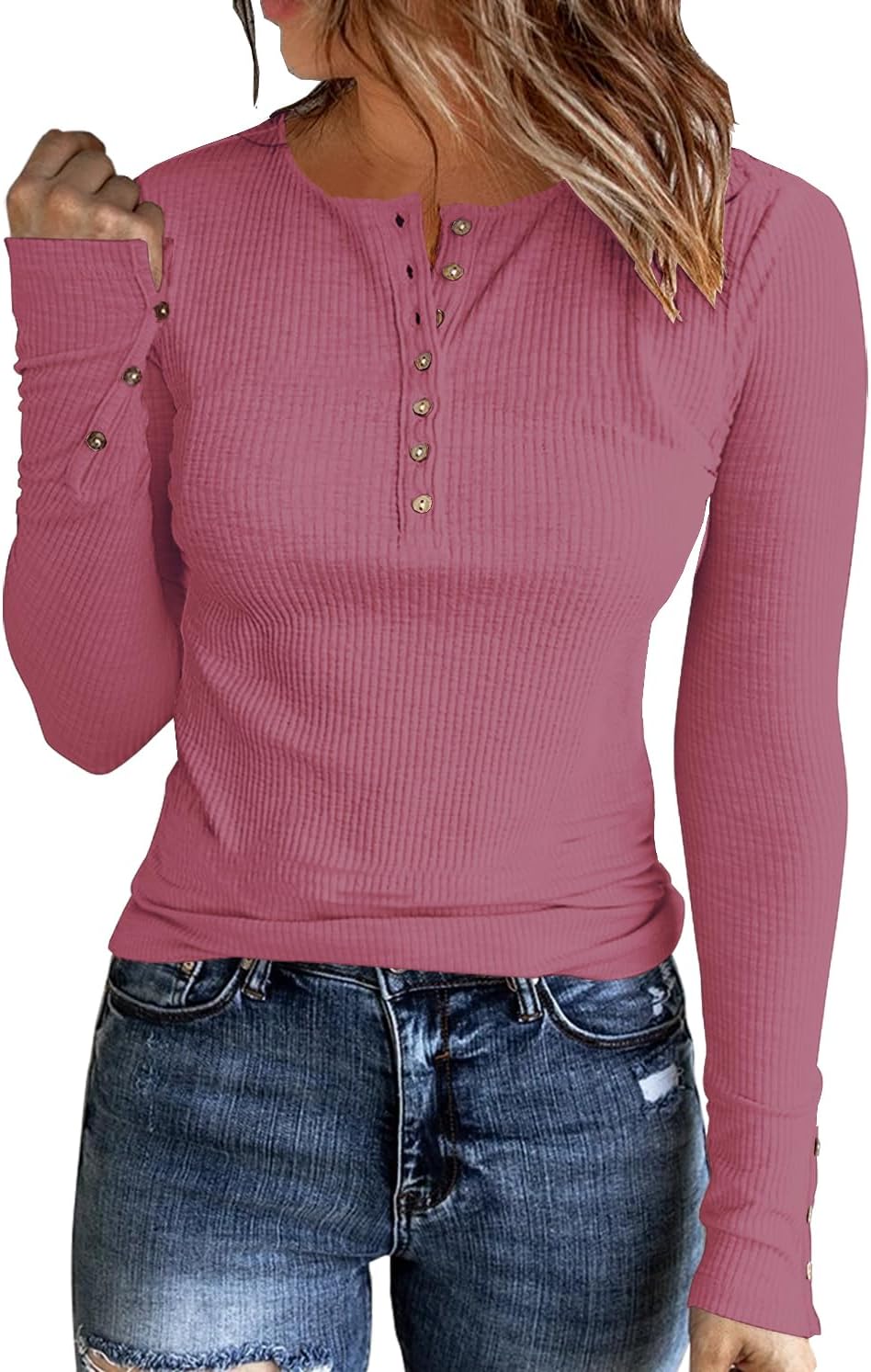 Womens Long Sleeves Ribbed Knit Tunic Shirts Scoop Neck Button Down Tops Casual...