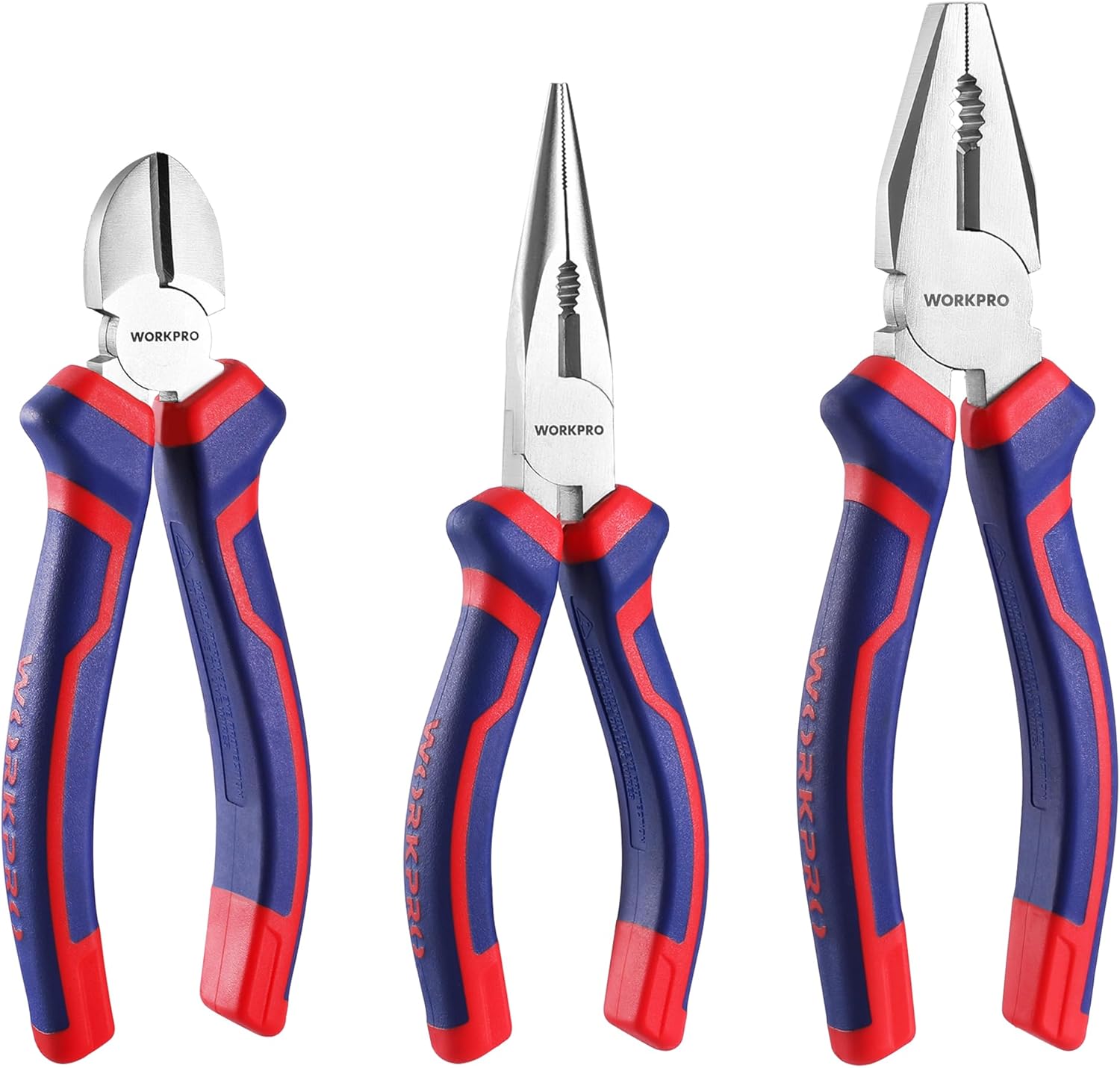 WORKPRO 3-Piece Pliers Set, 160mm Long Nose Plier, 160mm Diagonal Cutting Plier,...