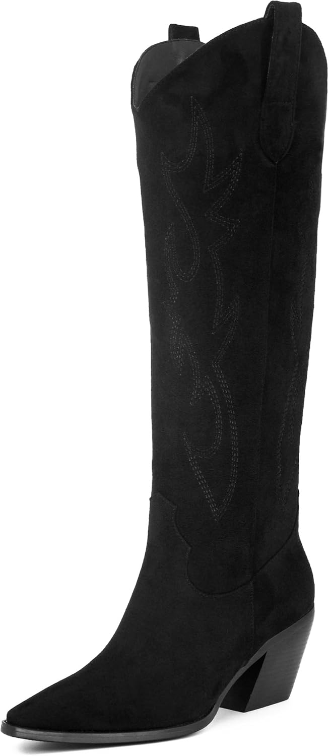 iiimmu Cowgirl Boots Women Knee High Boots Pointed Toe and Block Heel Cowboy Sue...