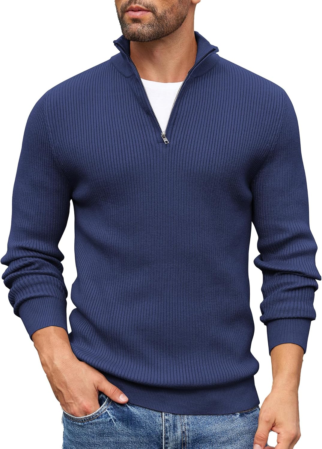 COOFANDY Mens Quarter Zip Jumper Knitted Turtleneck Sweater Long Sleeved Mock Ne...