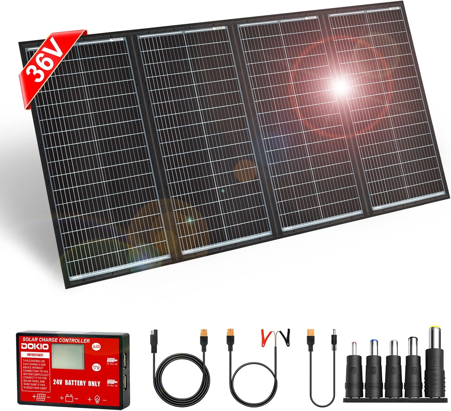 DOKIO 300W 36V Black Portable Solar Panels Kit Folding Solar Charger for 24v Bat...