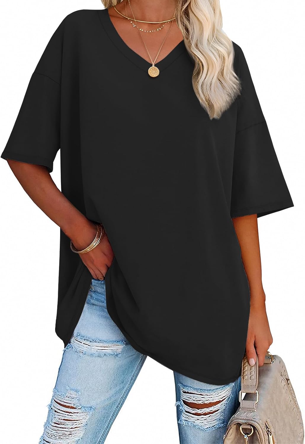 ATHMILE Womens Oversized T Shirts V Neck Tees Half Sleeve Cozy Comfy Tunic 2025...