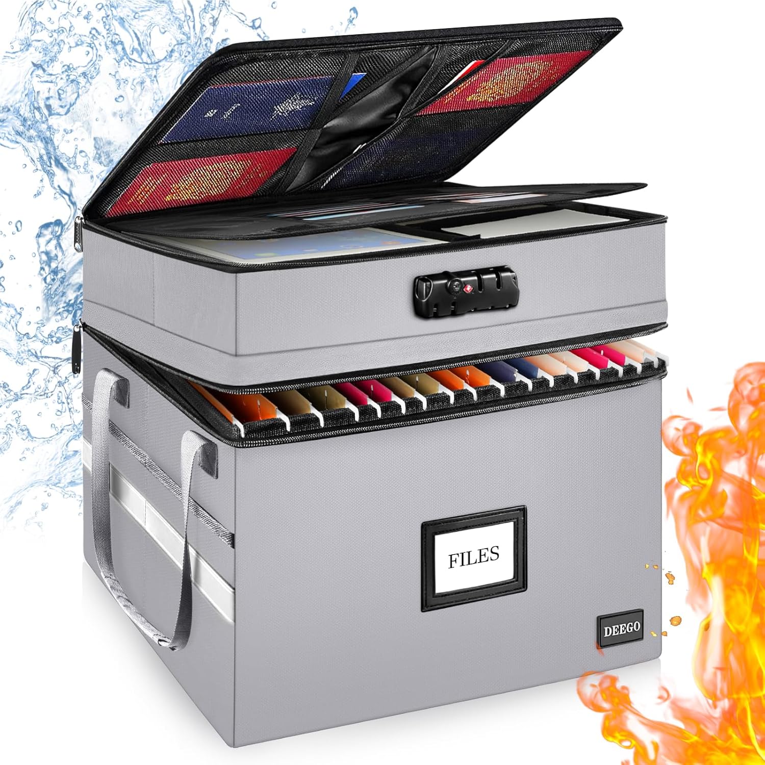 DEEGO Fireproof Document Box with Lock, 2 Layer File Box Water-Resistant File Or...