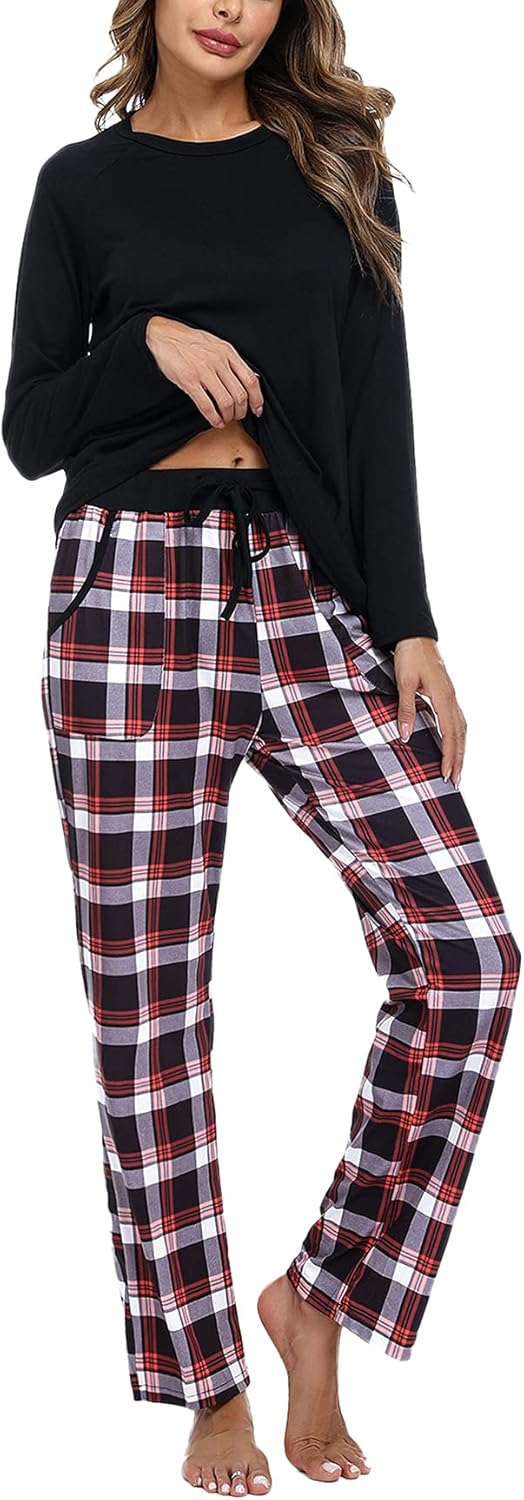 Uniexcosm Women's Pyjama Sets Cotton Checked Loungewear Set Long Sleeve Cotton T...