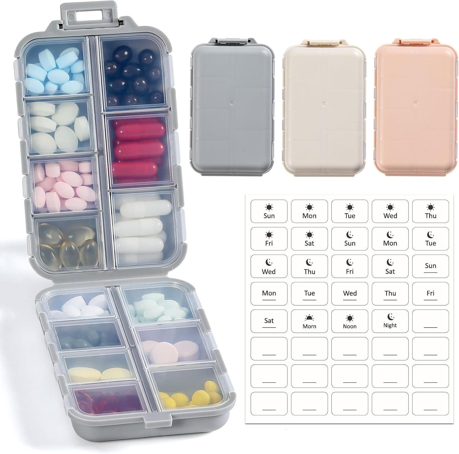 3 Pack, 14 GRIDS Travel Pill Organizer Box with Labels - Travel Medicine Case Ki...