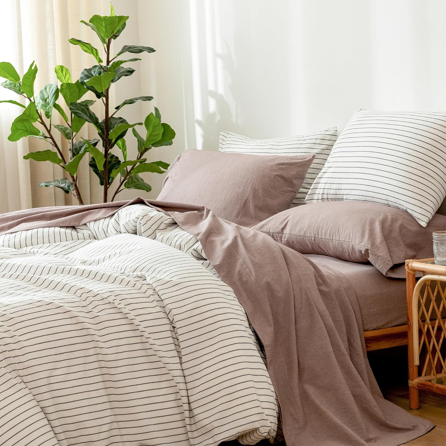 MooMee Bedding Sheet Set 100% Washed Cotton Linen Like Textured Breathable Durab...