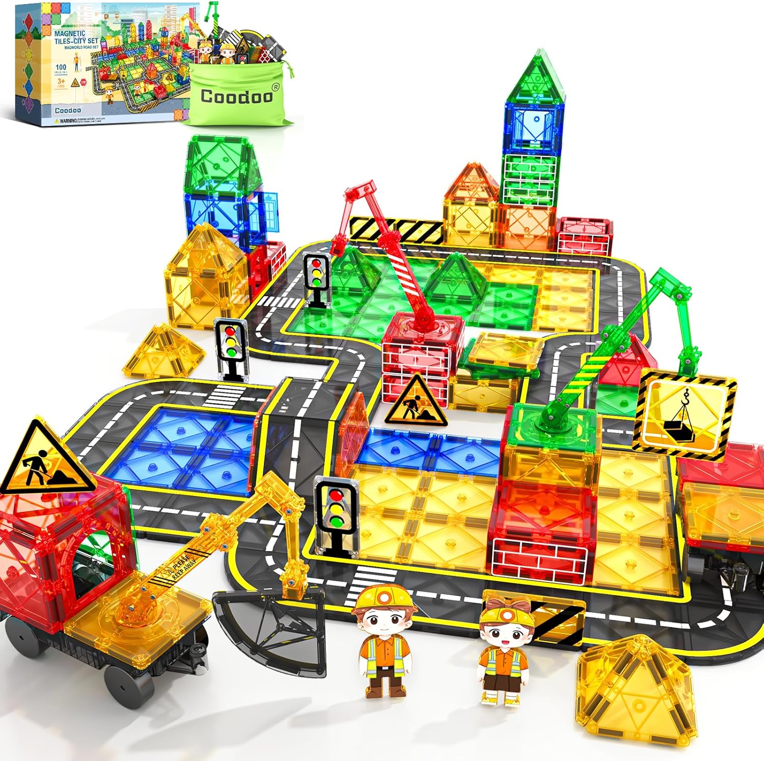 100 PCS Magnetic Tiles Road Set with 3 Cranes & 2 Cars - Magnetic Blocks City Co...