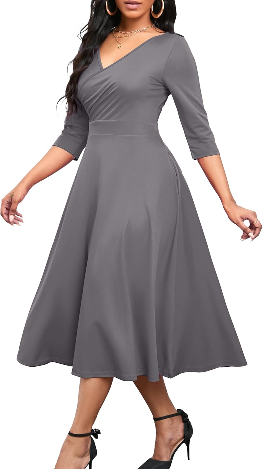 Nmoder Women's Casual Wrap Flared Midi Dress Wedding Guest Cocktail Tea Dresses...