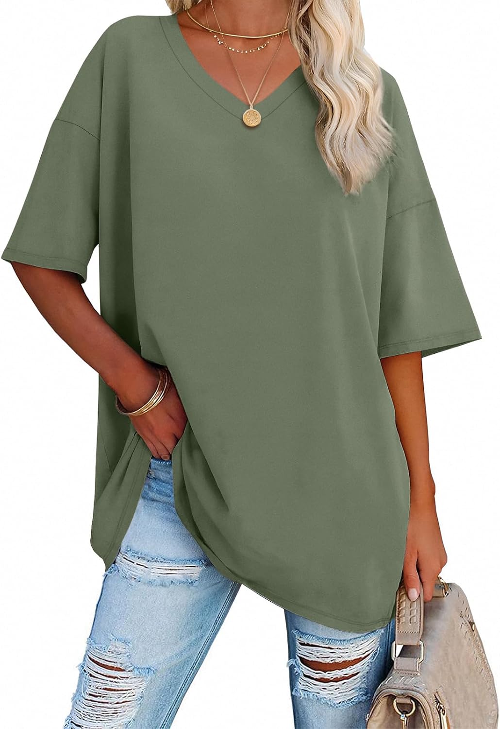 ATHMILE Womens Oversized T Shirts V Neck Tees Half Sleeve Cozy Comfy Tunic 2025...