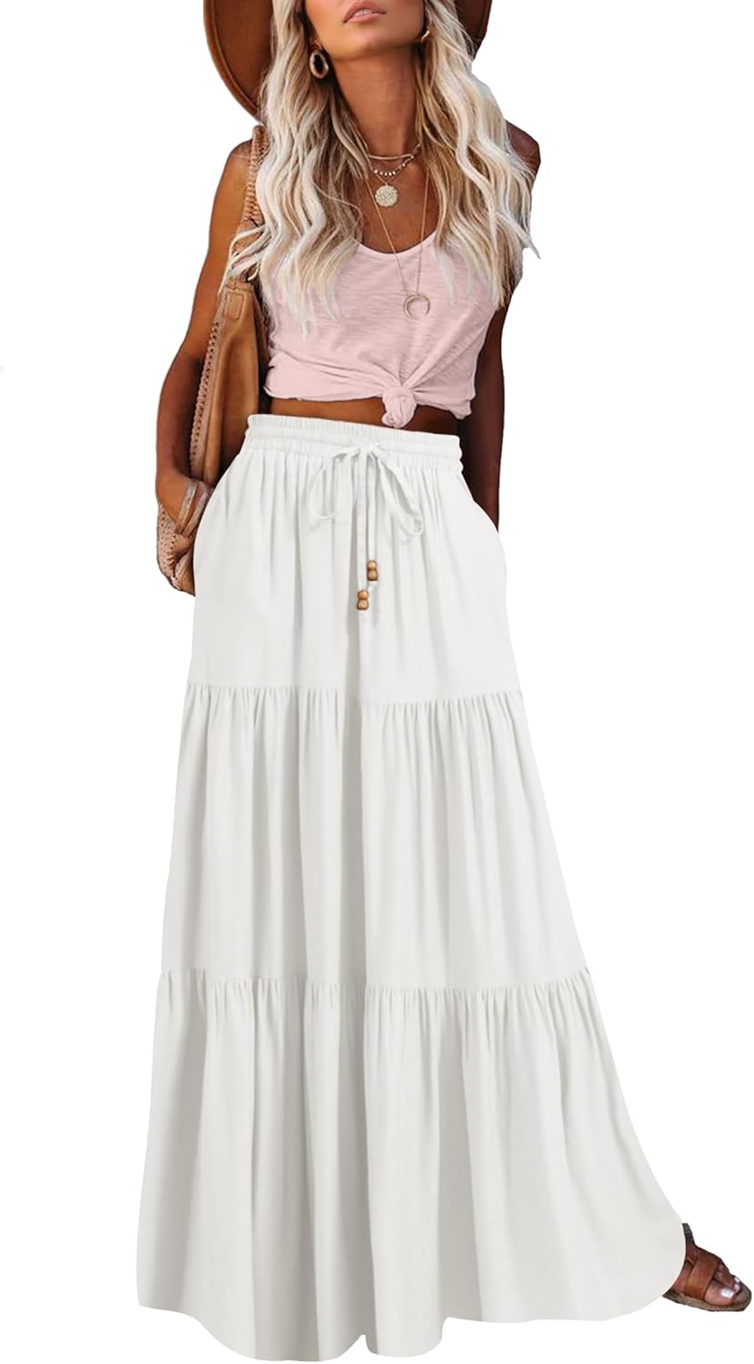 HAEOF Women's Summer Boho Maxi Skirt A-Line Flowy Ruffle Tiered Elastic High Wai...