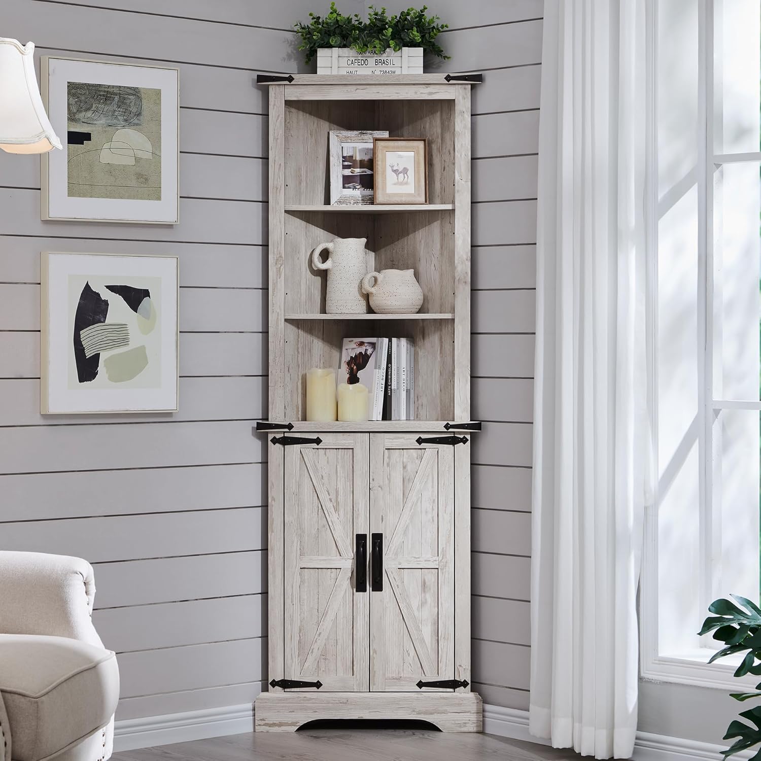 OKD Tall Corner Cabinet, Farmhouse Storage Cabinet with Barn Door Design & Adjus...