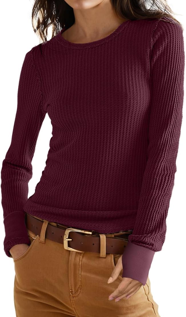 GRECERELLE Waffle Knit Long Sleeve Shirts for Women Crew Neck Slim Fitted Going...