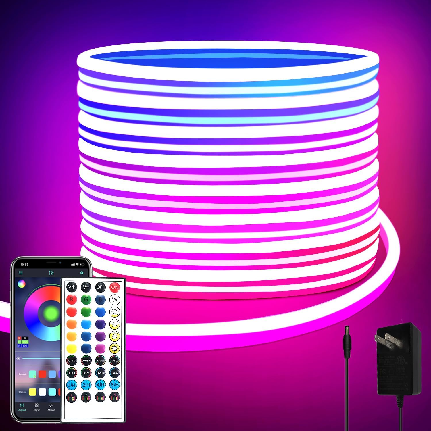 32.8ft LED neon Lights with Remote APP Control IP65 Waterproof Flexible Neon Str...