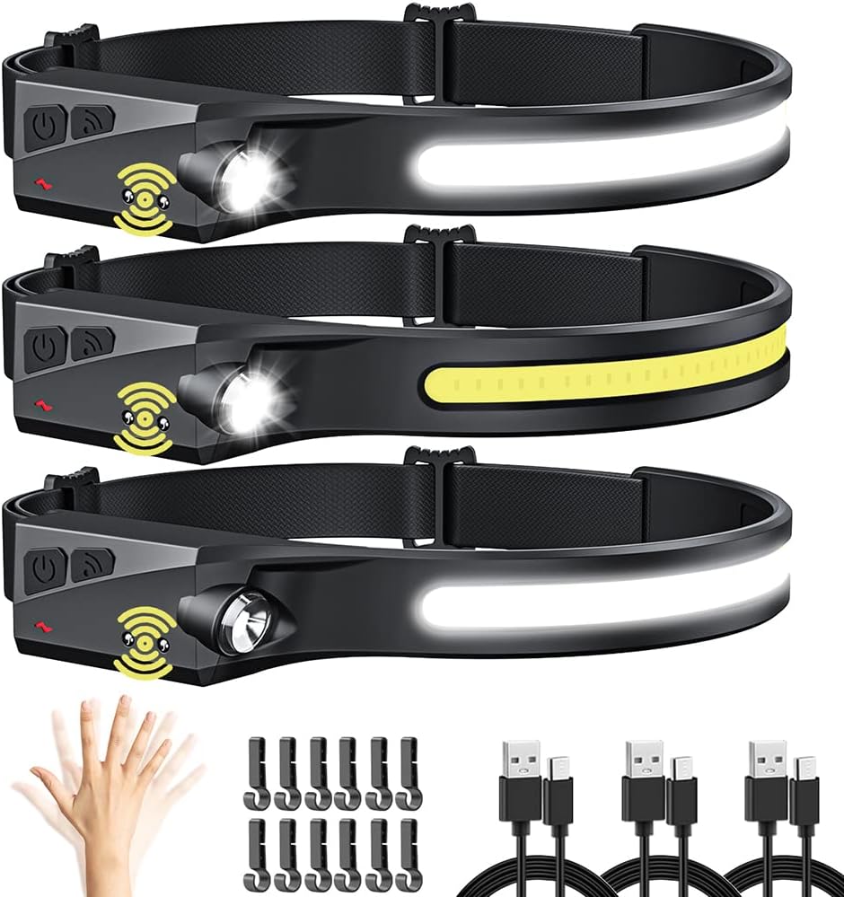Headlamp Rechargeable 3Pack, LED Headlamp Flashlight with Motion Sensor, 230° CO...