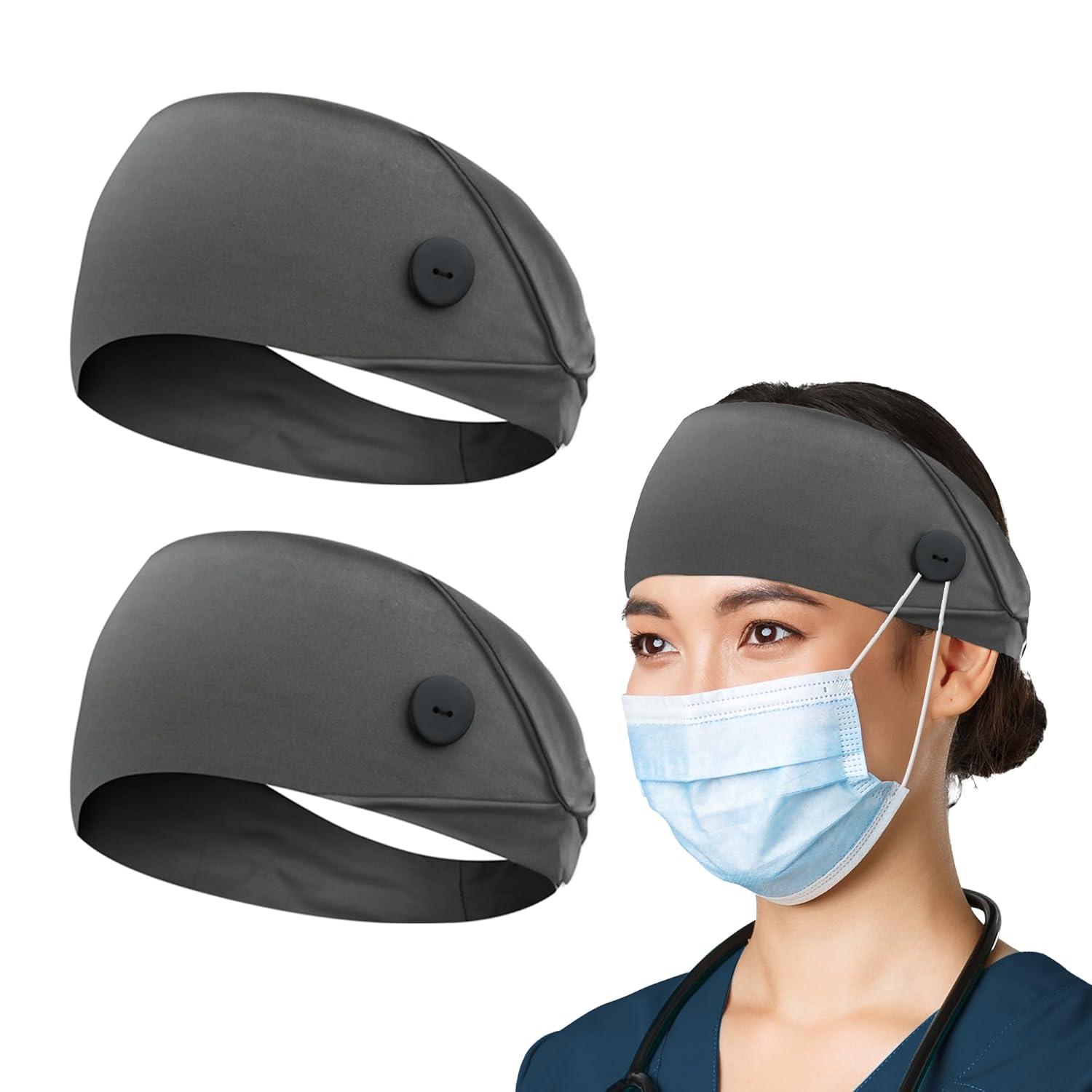 ABAMERICA Headbands with Button for Mask, Wide Nurses Headbands Non Slip Elastic...