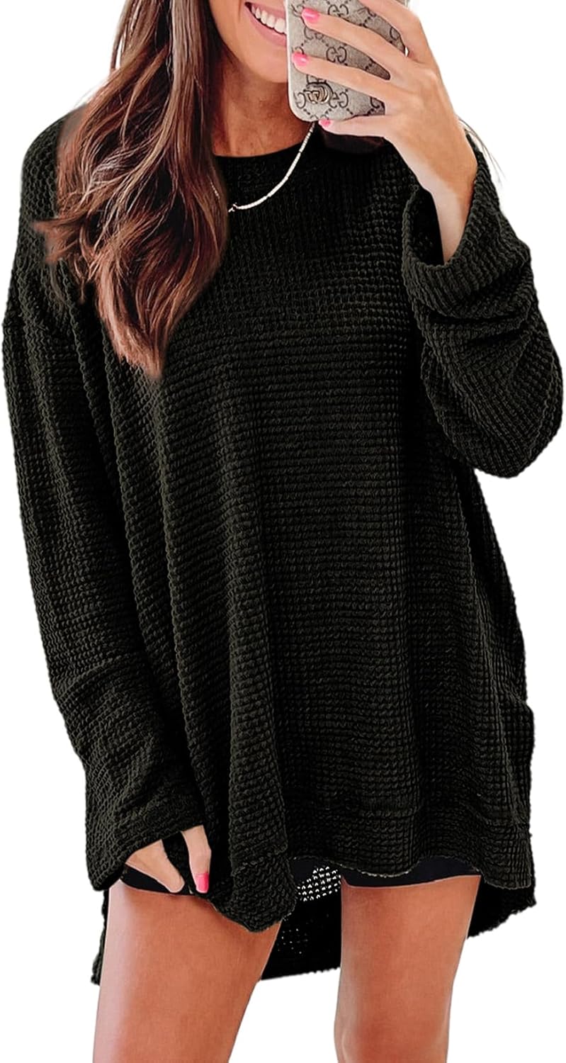 SHEWIN Long Sleeve Shirts For Women Oversized Sweatshirt Crewneck Waffle Knit Sp...