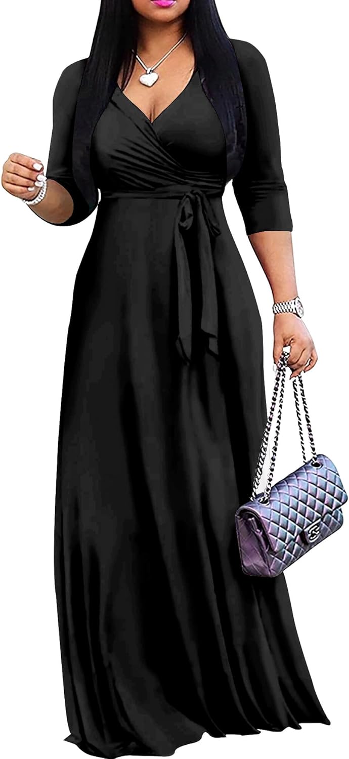 Mrskoala Women Plus Size Long Maxi Wrap Dresses Summer Sundress V-Neck 3/4 Sleev...