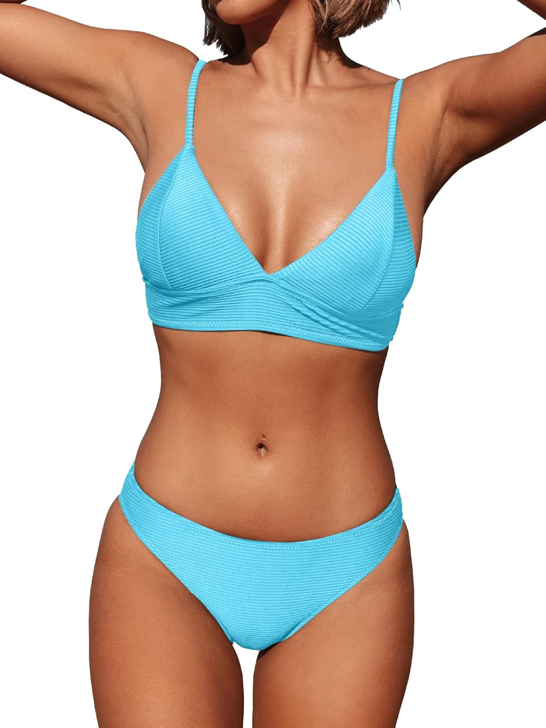 CUPSHE Women Bikini Set Solid Color Sexy Triangle Two Piece Swimsuit Light Sky B...