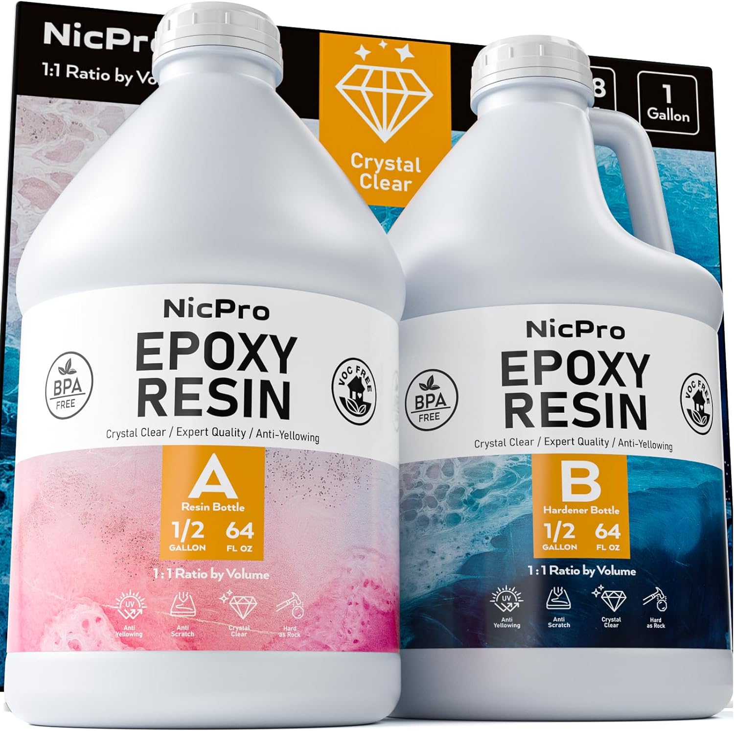 Nicpro 1 Gallon Crystal Clear Epoxy Resin Kit, Not Yellowing & Bubbles Free Resi...