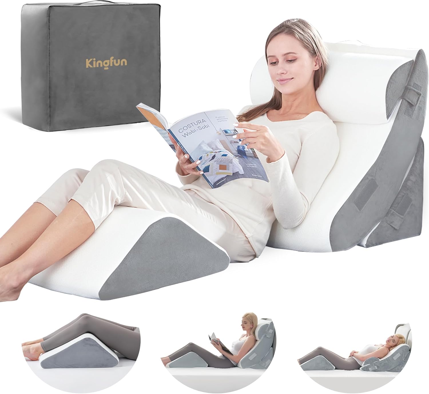 Kingfun 4pcs Orthopedic Bed Wedge Pillow Set for Post Surgery, Memory Foam for S...