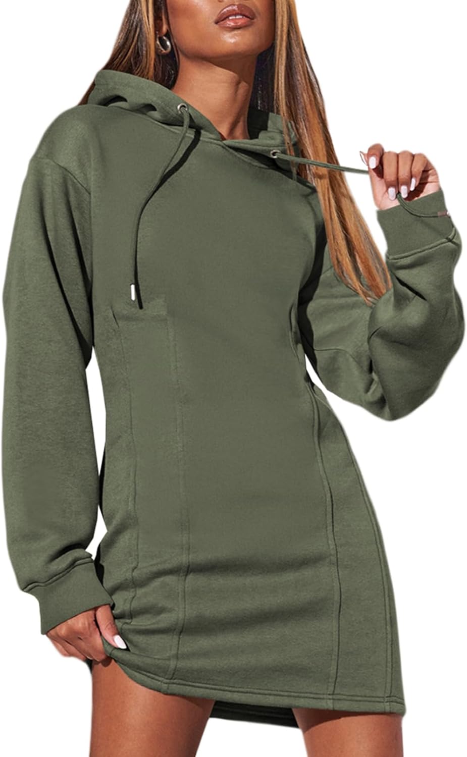 AlvaQ Womens Dresses Fall Winter 2024 Casual Long Sleeve Drawstring Pleated Hood...