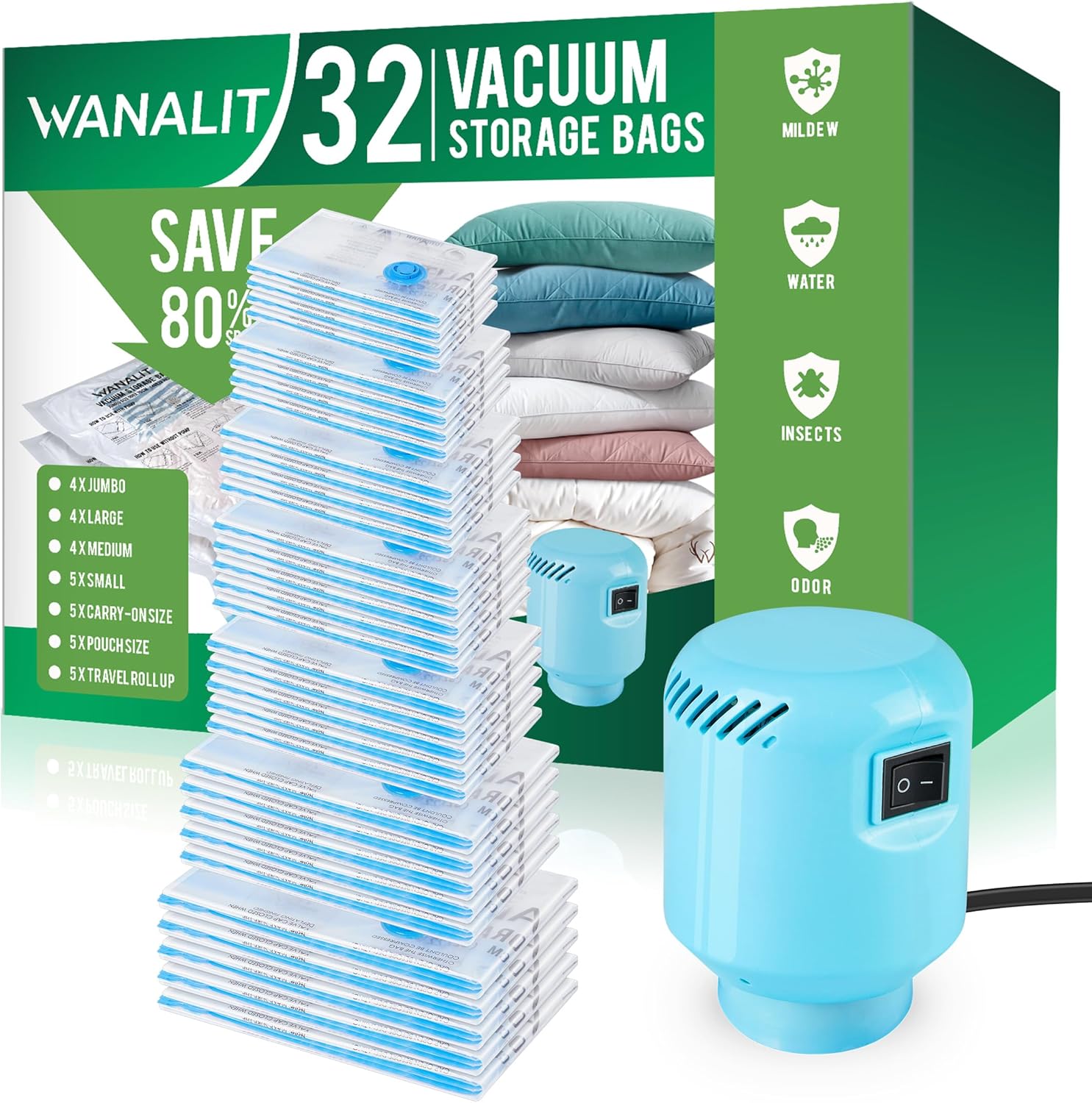 Vacuum Storage Bags with Electric Pump, New Air Valve Combo 32 Pack Vacuum Space...