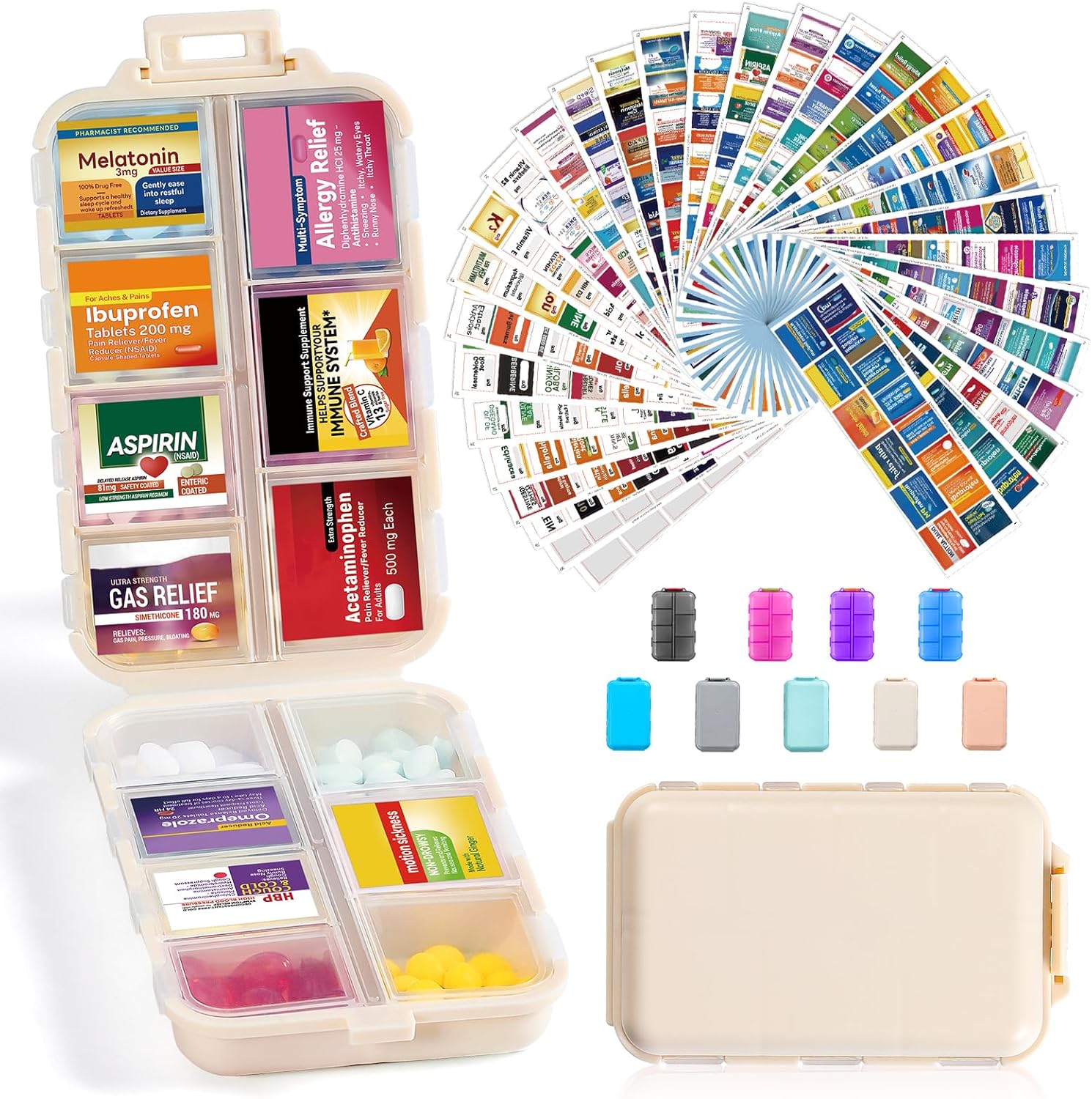 14 Grids Travel Pill Organizer Box with 415-Pcs Medicine Name Labels - Pocket Da...
