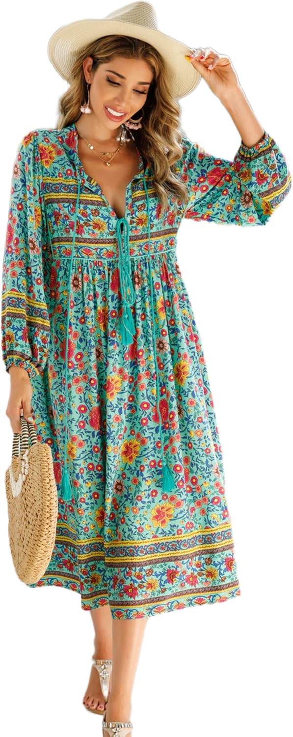 R.Vivimos Women's Long Sleeve Floral Print Retro V Neck Tassel Bohemian Midi Dre...