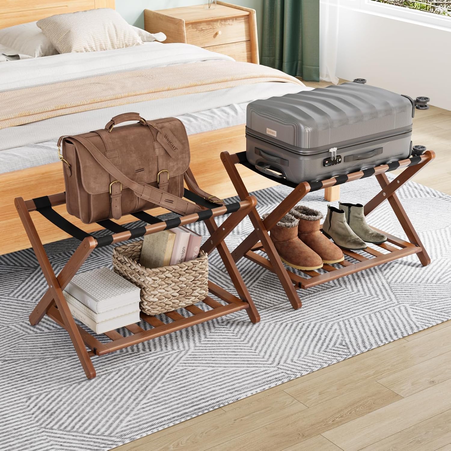 Smuxee Fully Assembled Walnut Luggage Racks Pack of 2, Upgraded Bamboo Foldable...