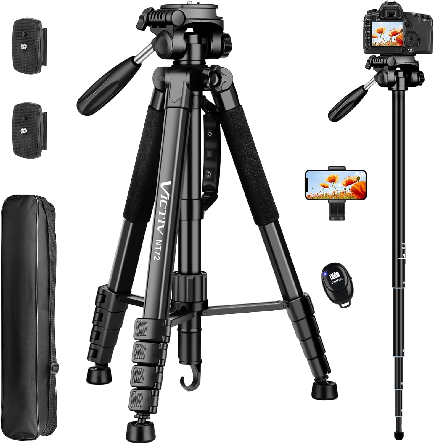 Tripod for Camera, 72" Tall Camera Tripod with Remote, Compact Camera Stand Trip...