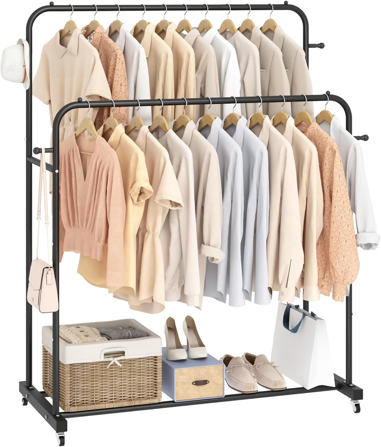 Laiensia Double Rods Garment Rack with Wheels, Clothing Rack for Hanging Clothes...